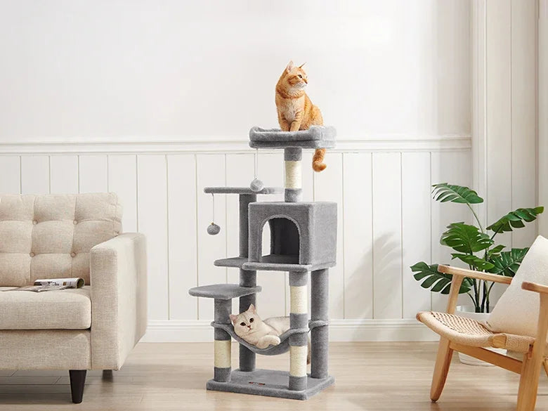 Albero Tiragraffi per Gatti 112cm e 143cm — 4 Graffi 2 Piattaforme, Amaca, Cuccia.